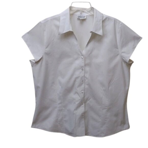 Coldwater Creek Tops - Coldwater Creek White Cotton Button Up Cap Sleeve V-neck Spread Collar Blouse